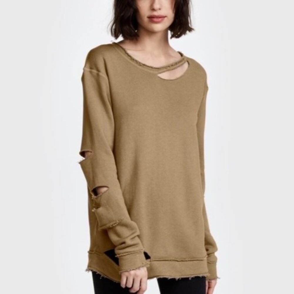 Neutral‎ Grunge Camel Sweatshirt Womens XS Cut Out Distressed Thrashed ALALA USA